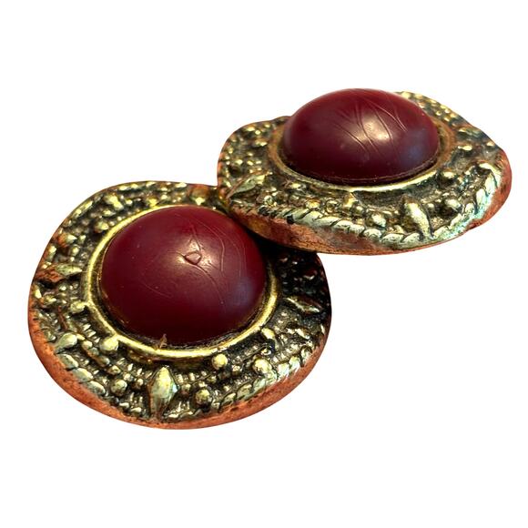 Chunky clip on earrings textured gold rounds faux wood centers classic vintage - Picture 6 of 6